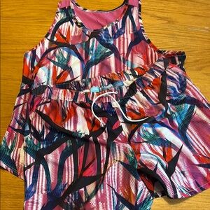 EUC Sz L Reel Legends Pink and Blue Abstract Bird of Paradise Tank Shorts set